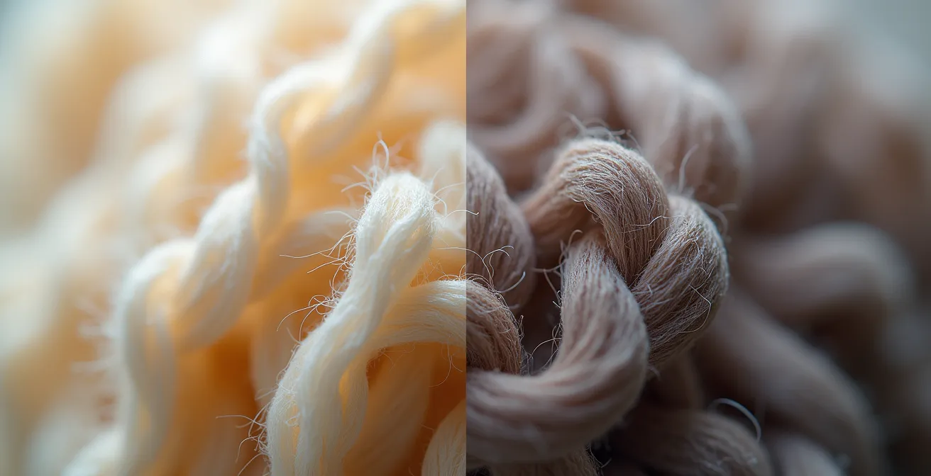 Illustration comparant une fibre de laine fine et douce avec des produits chimiques irritants sur un fond neutre