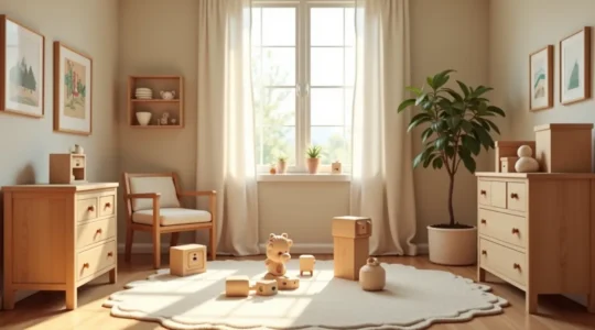 Une chambre d'enfant bien aménagée avec des meubles durables en bois massif et des jouets en bois, symbolisant l'investissement durable et responsable
