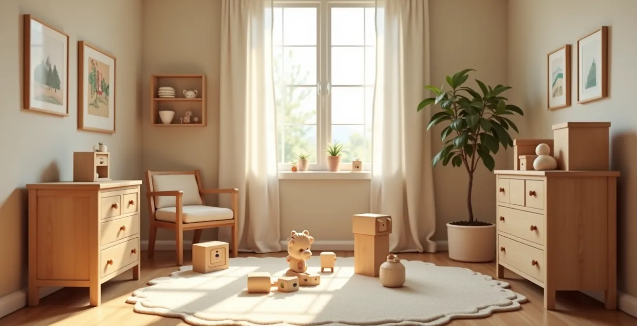 Une chambre d'enfant bien aménagée avec des meubles durables en bois massif et des jouets en bois, symbolisant l'investissement durable et responsable