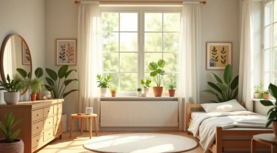 Illustration symbolique d'une chambre d'enfant saine avec présence d'éléments naturels et absence de pollution invisible
