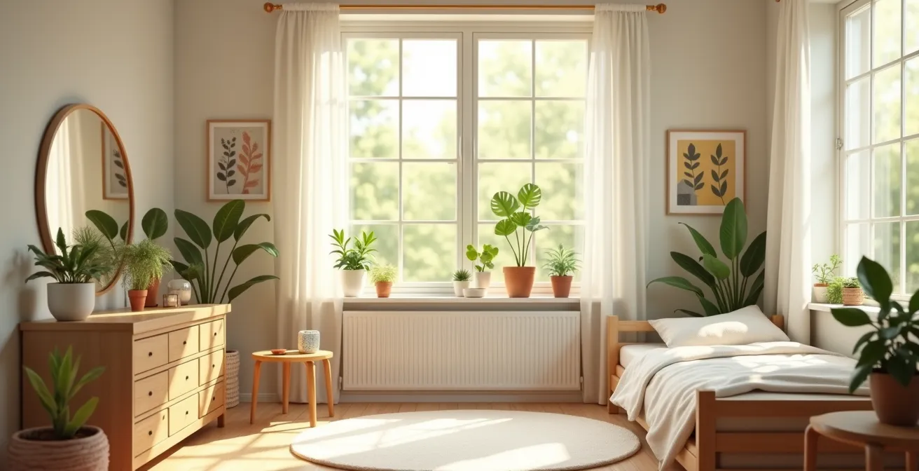 Illustration symbolique d'une chambre d'enfant saine avec présence d'éléments naturels et absence de pollution invisible
