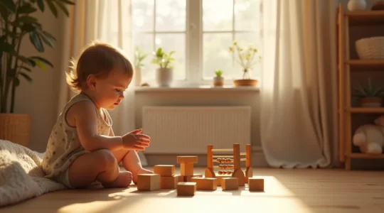 Enfant jouant dans une chambre lumineuse avec des jouets en bois naturels, ambiance chaleureuse et apaisante.