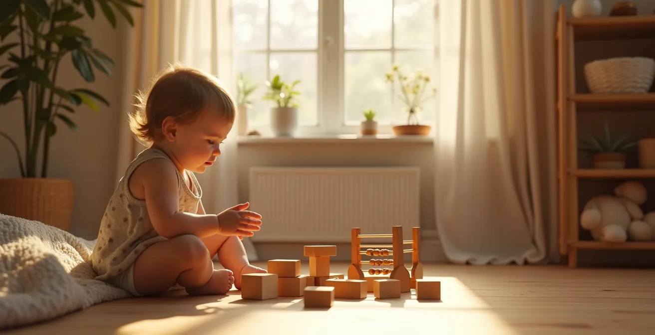 Enfant jouant dans une chambre lumineuse avec des jouets en bois naturels, ambiance chaleureuse et apaisante.