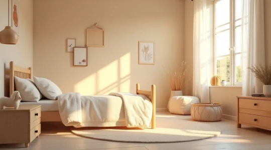 Chambre d'enfant douce et sereine avec décor minimaliste, éclairage doux et éléments naturels