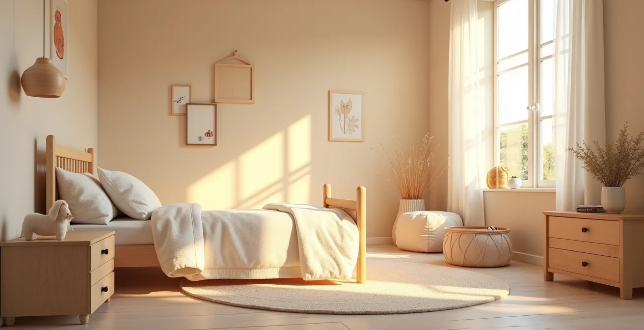 Chambre d'enfant douce et sereine avec décor minimaliste, éclairage doux et éléments naturels