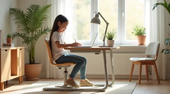 Enfant assis à un bureau ajustable ergonomique, avec posture parfaite et ambiance lumineuse douce