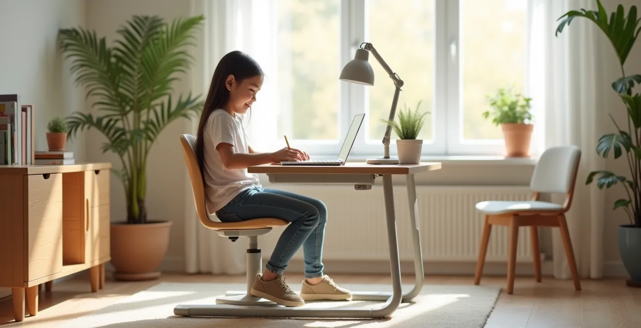 Enfant assis à un bureau ajustable ergonomique, avec posture parfaite et ambiance lumineuse douce