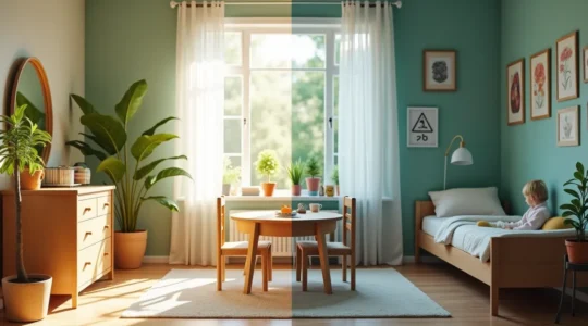 Illustration d'une chambre d'enfant montrant un contraste entre un environnement sain et un environnement pollué