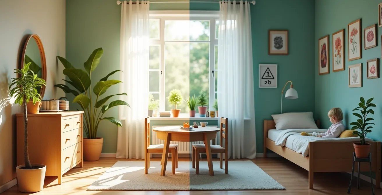 Illustration d'une chambre d'enfant montrant un contraste entre un environnement sain et un environnement pollué