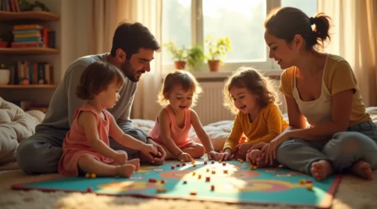 Scène chaleureuse d'une chambre d'enfant moderne où une famille joue ensemble à un jeu de société sur un tapis coloré, ambiance de complicité et d'échange sans écrans.