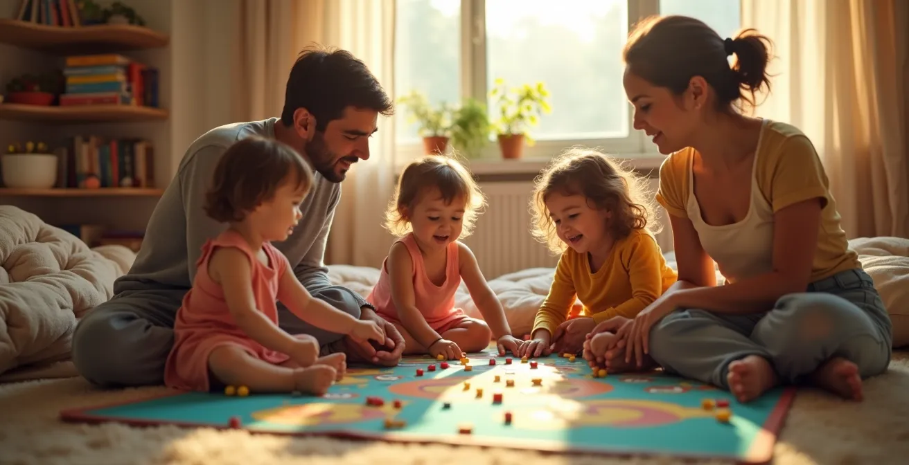 Scène chaleureuse d'une chambre d'enfant moderne où une famille joue ensemble à un jeu de société sur un tapis coloré, ambiance de complicité et d'échange sans écrans.