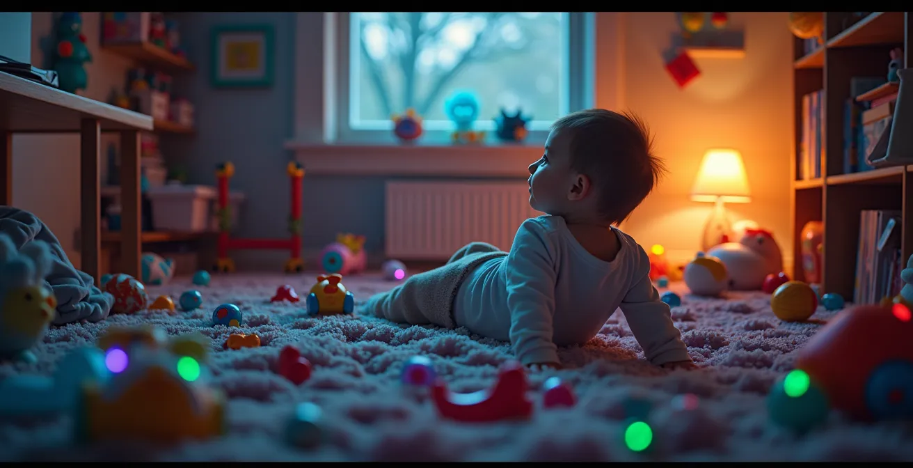 Chambre d'enfant avec abondance de jouets colorés, motifs complexes, et jouets électroniques lumineux
