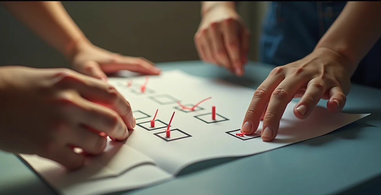 Illustration détaillée d'une checklist visuelle pour le montage et le contrôle de sécurité d'un lit transformable enfant