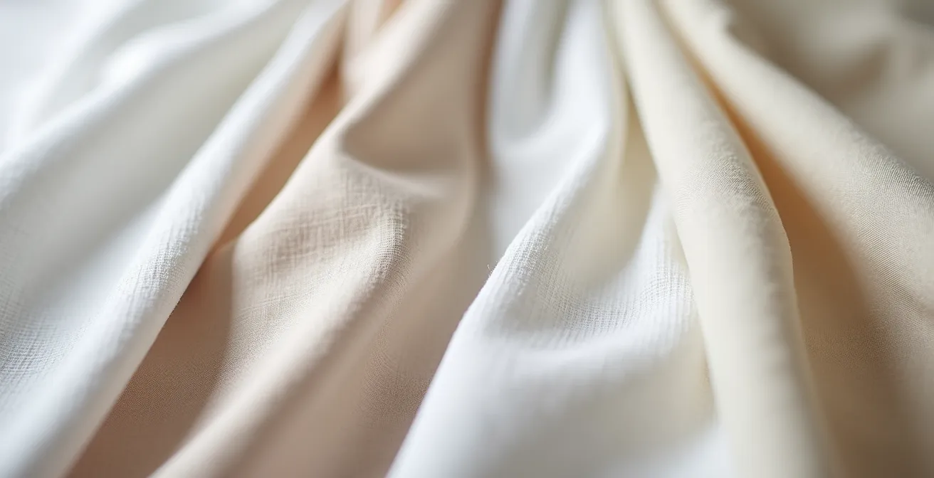 Comparaison visuelle texturée des tissus percale, satin et jersey de coton bio avec détails de tissage et aspect tactile