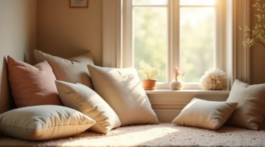Une chambre d'enfant chaleureuse avec un coussin naturel visible, mêlant laine, kapok et sarrasin, symbolisant confort et sécurité.