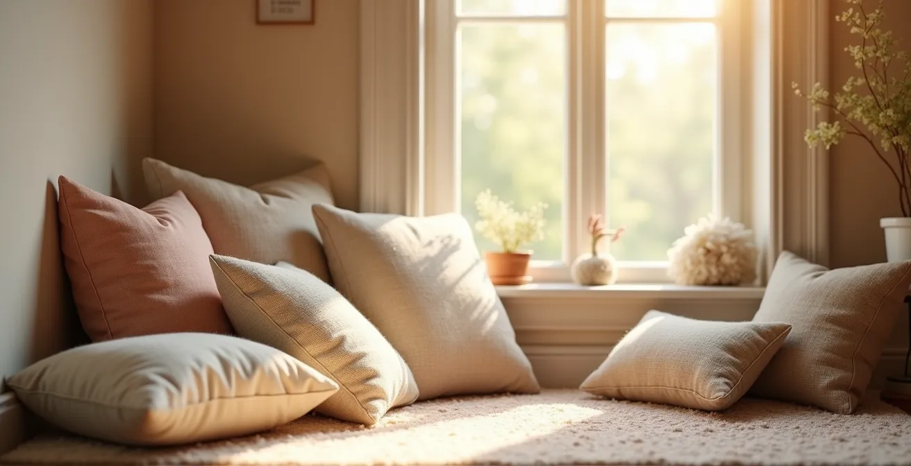 Une chambre d'enfant chaleureuse avec un coussin naturel visible, mêlant laine, kapok et sarrasin, symbolisant confort et sécurité.