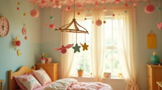 Plafond décoré d'une chambre d'enfant avec un mobile coloré, ciel de lit léger et suspensions créatives