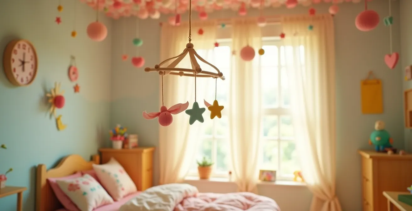 Plafond décoré d'une chambre d'enfant avec un mobile coloré, ciel de lit léger et suspensions créatives