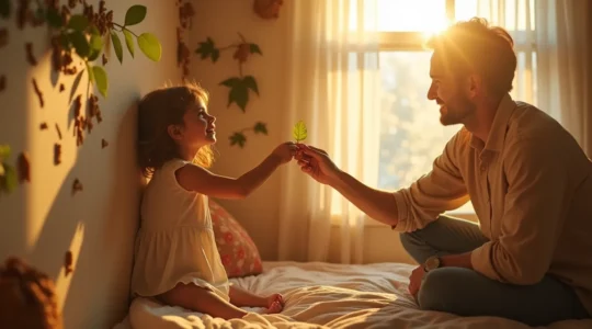 Un parent et un enfant collaborent joyeusement pour décorer une chambre d'enfant avec des objets faits main, symbolisant le lien et la créativité partagée.