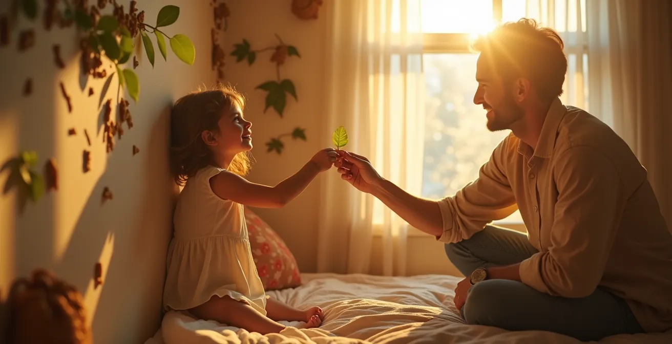 Un parent et un enfant collaborent joyeusement pour décorer une chambre d'enfant avec des objets faits main, symbolisant le lien et la créativité partagée.
