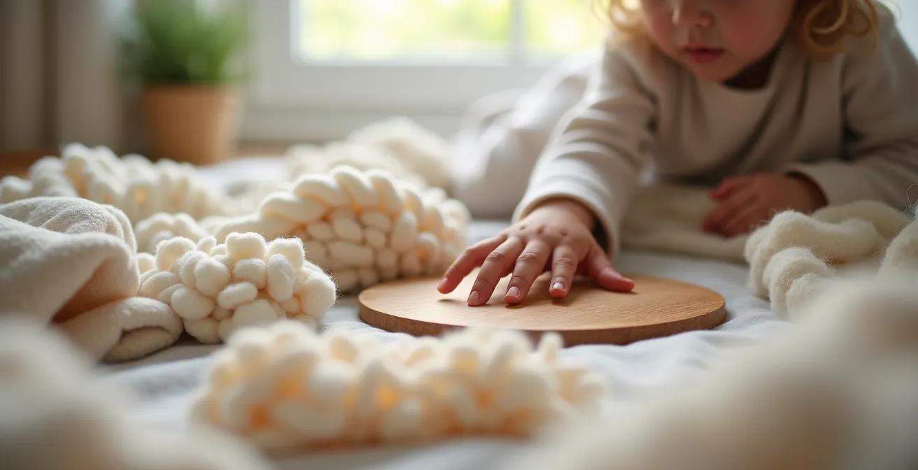 Enfant explorant différents tissus et jouets naturels dans une chambre d’enfant, centrée sur la diversité des textures (bois, laine, coton).
