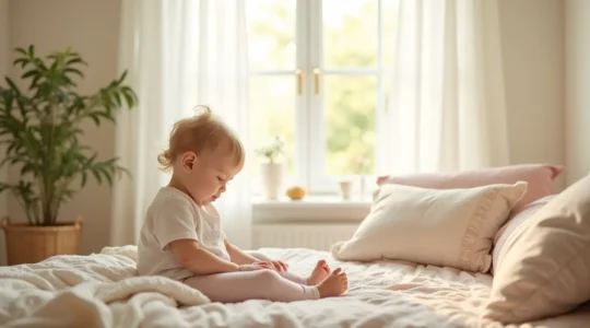 Enfant jouant dans une chambre lumineuse avec des textiles bio naturels et colorés