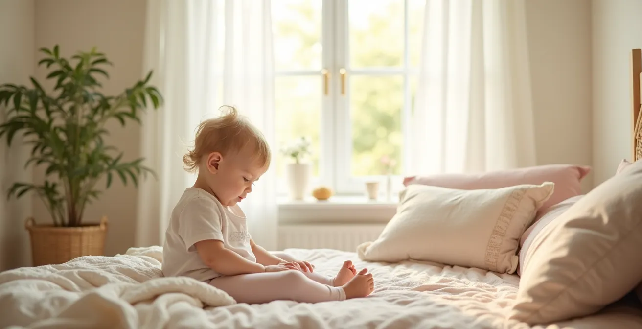 Enfant jouant dans une chambre lumineuse avec des textiles bio naturels et colorés