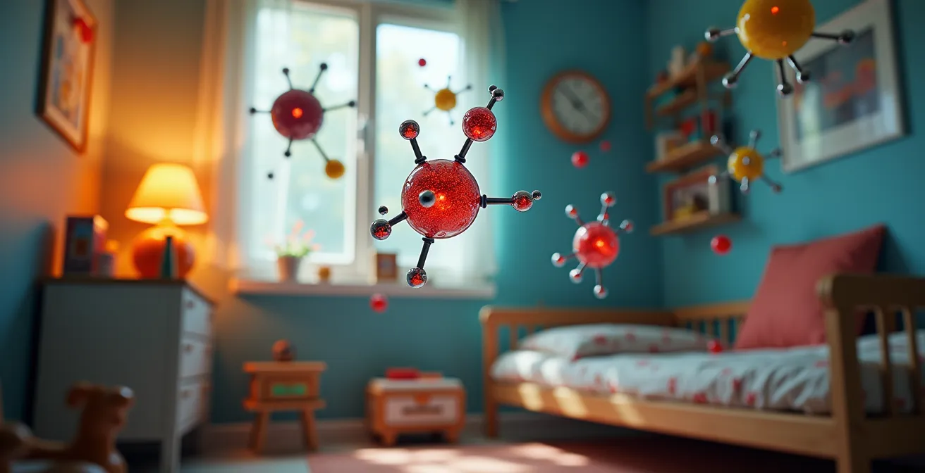 Illustration conceptuelle montrant les différents polluants invisibles dans une chambre d'enfant