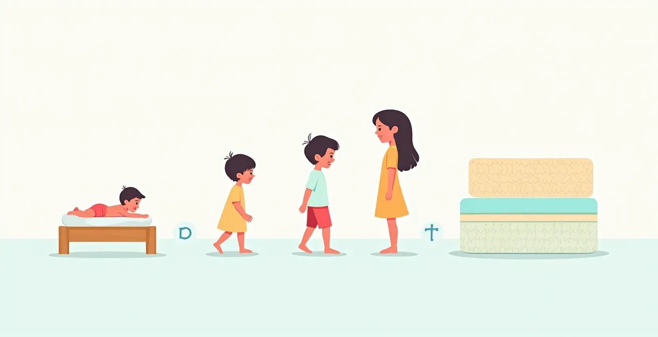 Infographie illustrant l'évolution des types de matelas recommandés pour enfants selon les âges avec matériaux et caractéristiques sanitaires
