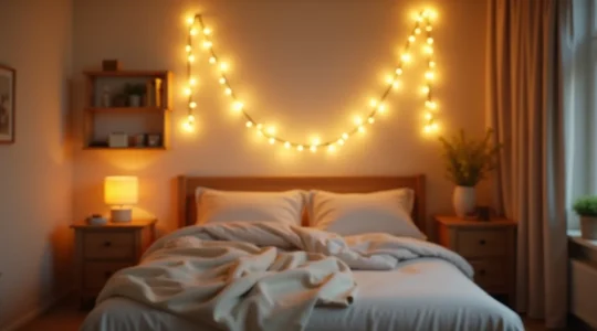 Une guirlande lumineuse LED visible dans une chambre d'enfant décorée avec douceur et matériaux naturels, créant une ambiance chaleureuse, sûre et créative.