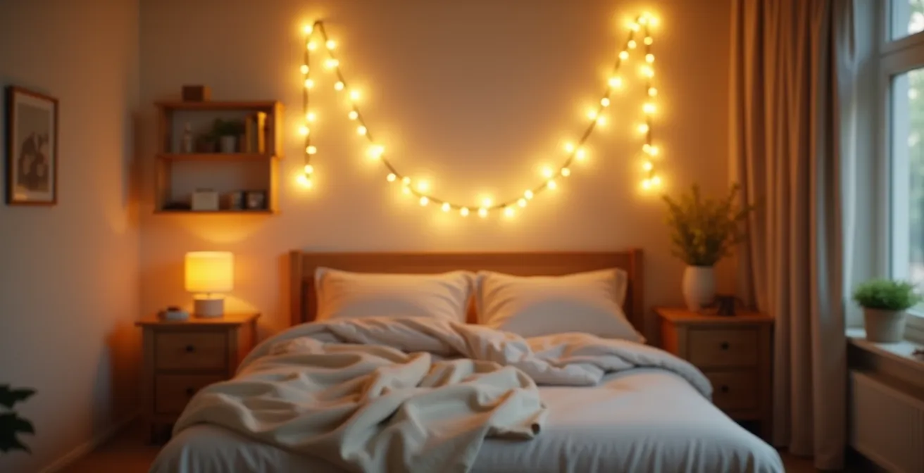 Une guirlande lumineuse LED visible dans une chambre d'enfant décorée avec douceur et matériaux naturels, créant une ambiance chaleureuse, sûre et créative.