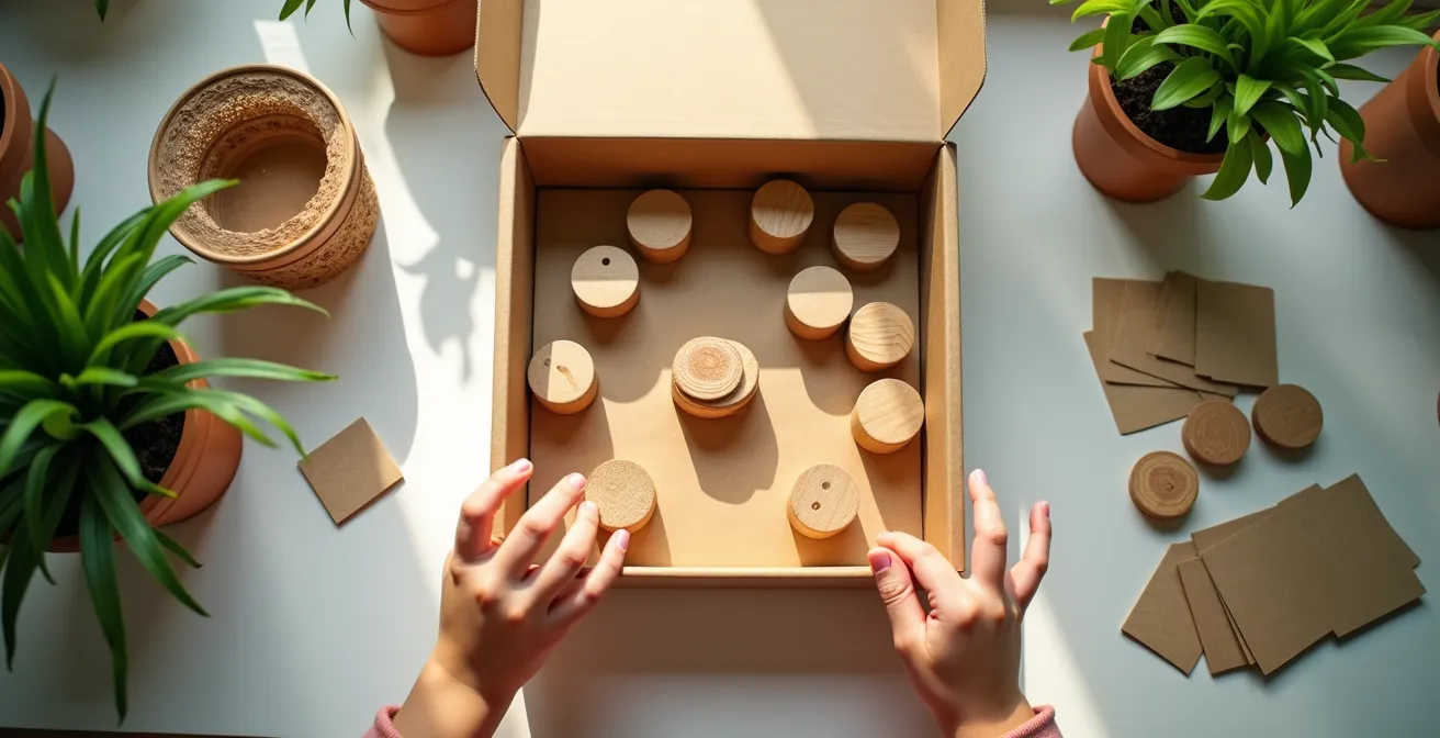Jeux de société en bois recyclé et carton, matériaux naturels mis en valeur, usage familial par des enfants.