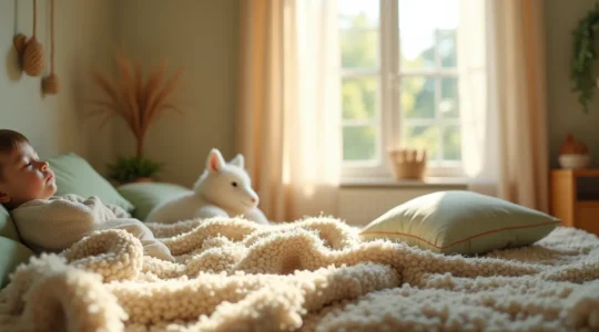 Enfant dans une chambre accueillante décorée avec des objets en laine douce mettant en avant la chaleur et la naturalité de la laine