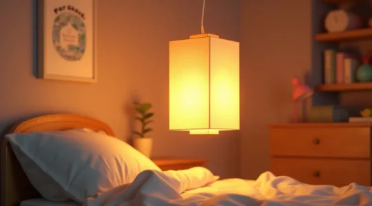 Lampe lanterne en papier suspendue dans une chambre d'enfant créant une ambiance chaleureuse et magique