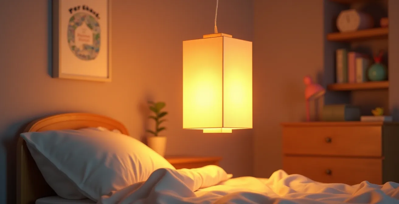 Lampe lanterne en papier suspendue dans une chambre d'enfant créant une ambiance chaleureuse et magique