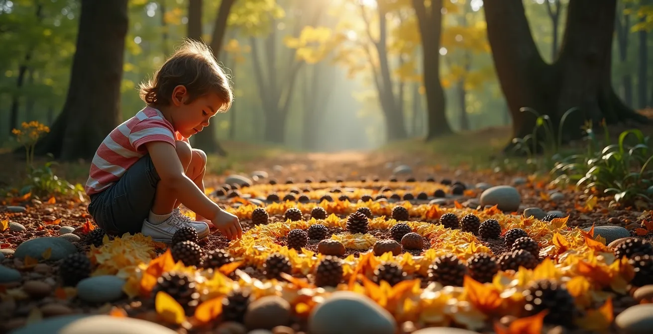 Un enfant crée une spirale colorée sur le sol d'une forêt en utilisant des feuilles, des fleurs et des cailloux, entouré d'éléments naturels.