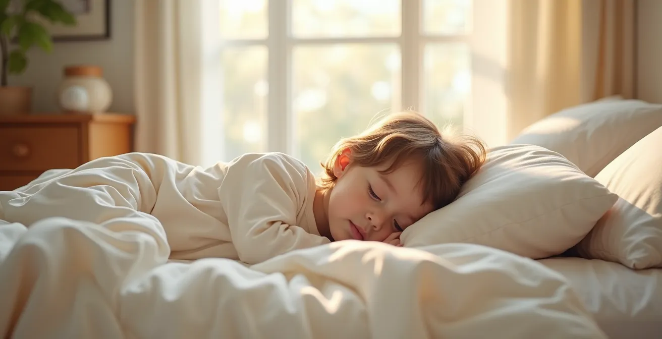 Enfant dormant paisiblement sous une literie en coton bio aux motifs doux et naturels dans une chambre d'enfant lumineuse