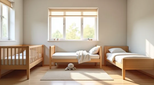 Un lit transformable pour enfant montrant différentes configurations du nouveau-né à l'adolescent dans une chambre évolutive moderne