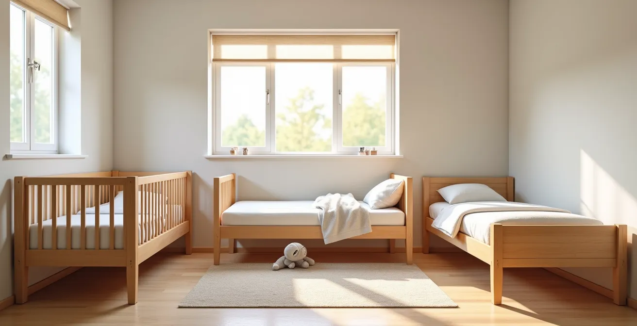 Un lit transformable pour enfant montrant différentes configurations du nouveau-né à l'adolescent dans une chambre évolutive moderne