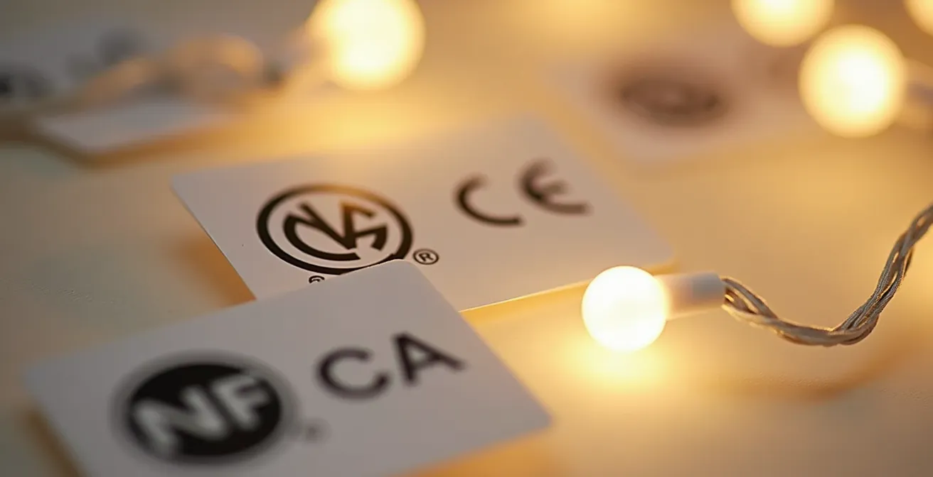 Exemples visuels des logos de certifications CE et NF sur emballages de guirlandes lumineuses pour enfants