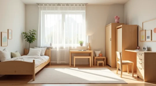 Chambre d'enfant moderne avec mobilier évolutif en bois naturel, incluant lit transformable, bureau ajustable et chaises modulables