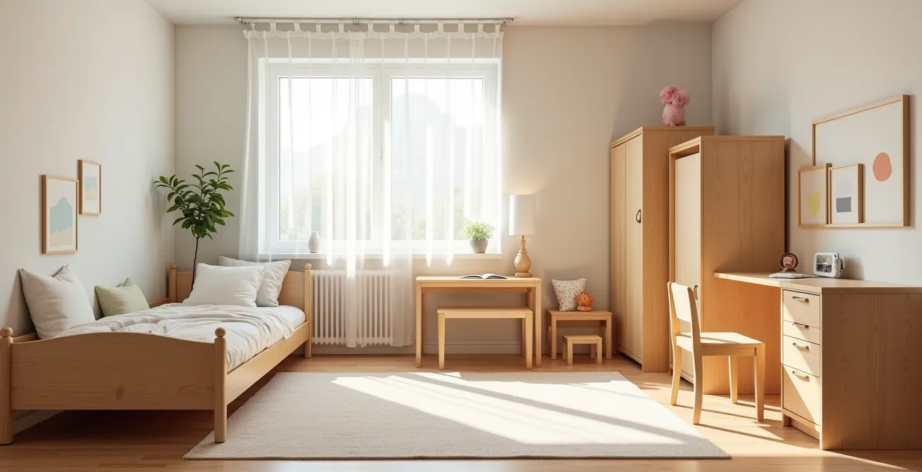 Chambre d'enfant moderne avec mobilier évolutif en bois naturel, incluant lit transformable, bureau ajustable et chaises modulables