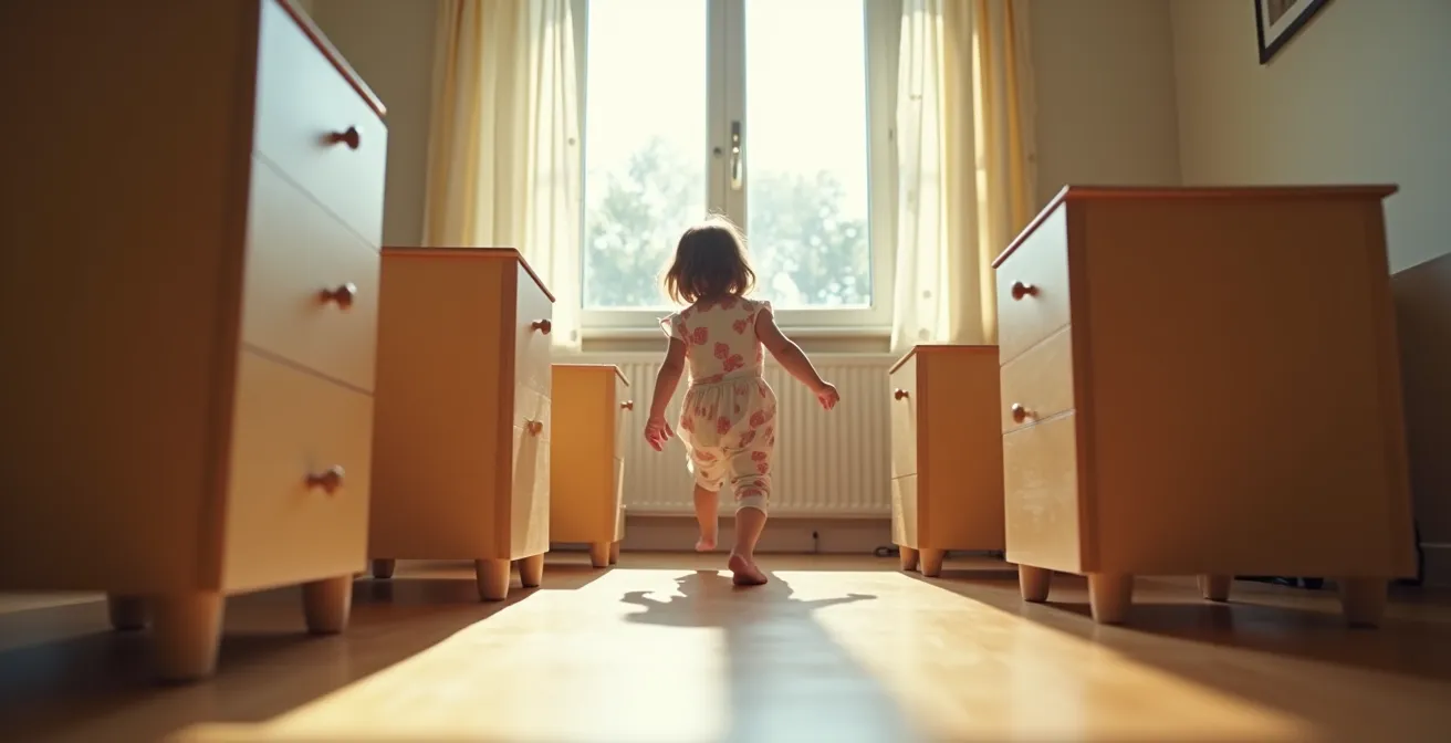Des enfants jouent dans un parcours de motricité improvisé avec meubles, coussins et chaises dans un salon familial.
