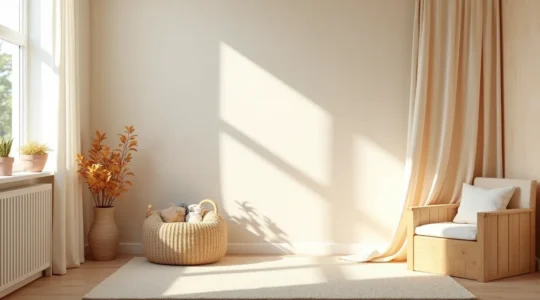 Une chambre d'enfant moderne avec des murs décorés harmonieusement, mettant en avant des matériaux sains et naturels.