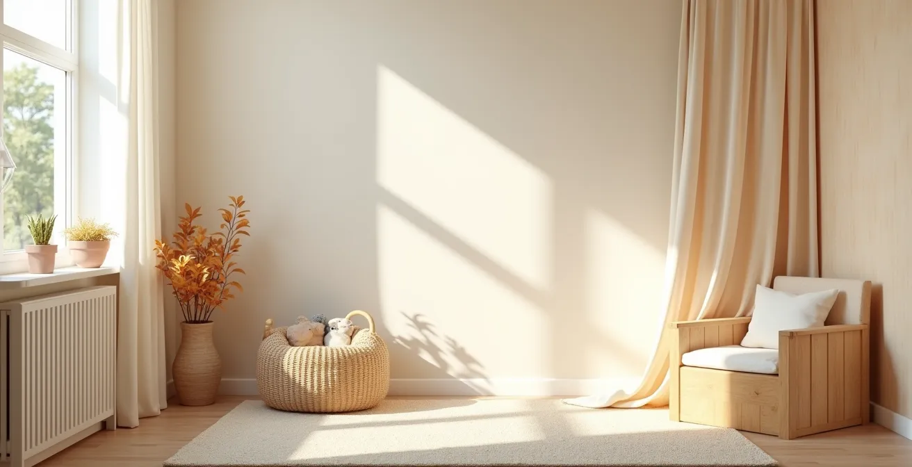 Une chambre d'enfant moderne avec des murs décorés harmonieusement, mettant en avant des matériaux sains et naturels.
