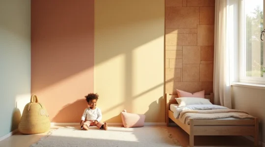 Chambre d'enfant avec murs en peinture biosourcée, enduit d'argile et panneaux en bois et liège, ambiance naturelle et apaisante