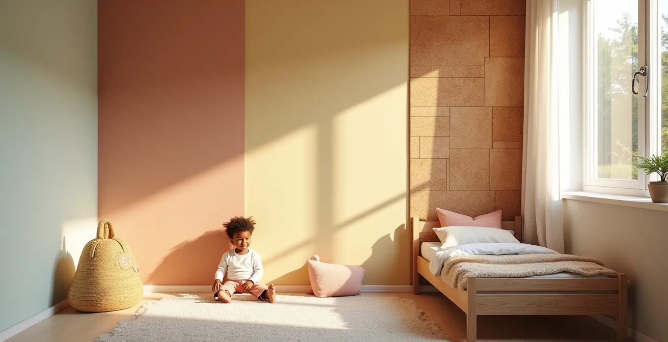 Chambre d'enfant avec murs en peinture biosourcée, enduit d'argile et panneaux en bois et liège, ambiance naturelle et apaisante