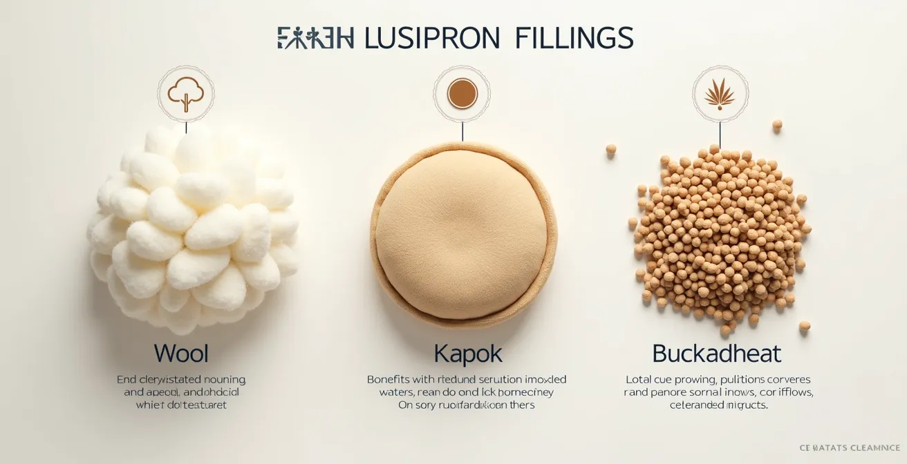 Illustration comparative des trois rembourrages naturels pour coussins d'enfant : laine, kapok et sarrasin avec description de leurs usages.