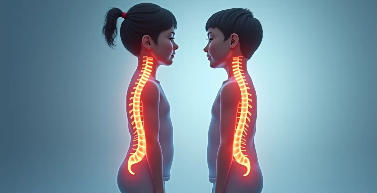Schéma montrant les conséquences d'une mauvaise posture sur le dos d'un enfant, comparant une colonne saine et une colonne courbée.