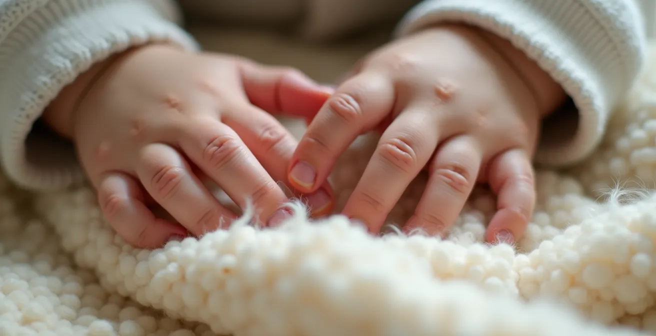 Détail macro de mains de bébé touchant des tissus naturels doux comme lin, laine et bois lisse